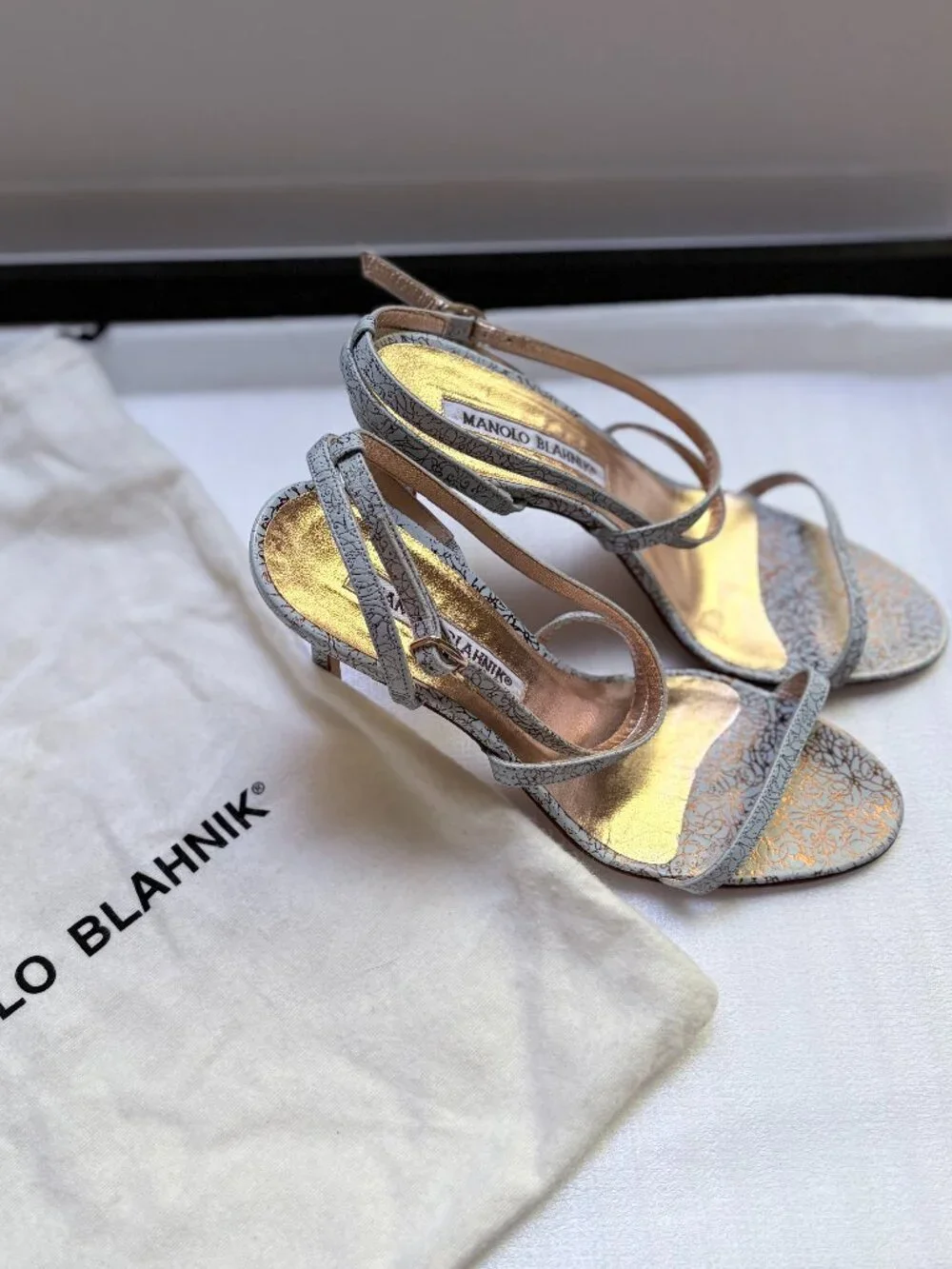Manolo Blahnik Blue Gold Filigree Leather Strappy Heels EU 36